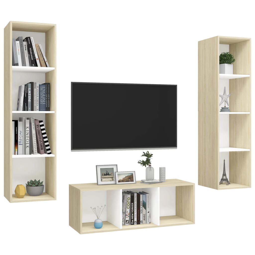 Set Porta TV 3 pz Bianco e Rovere Sonoma in Truciolato - homemem39