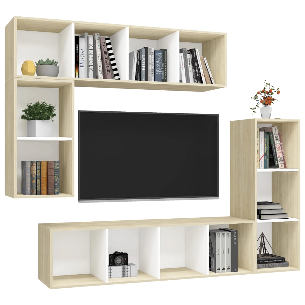 Set Porta TV 4 pz Bianco e Rovere Sonoma in Truciolato - homemem39