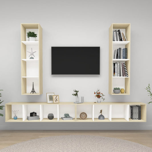 Mobile TV a Parete 4 pz Bianco e Rovere Sonoma in Truciolato - homemem39