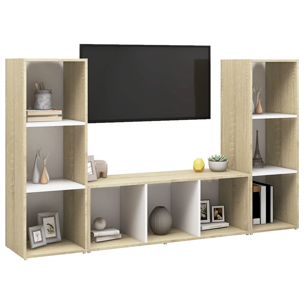 Mobili TV 3 pz Bianchi e Rovere Sonoma 107x35x37 cm Truciolato - homemem39