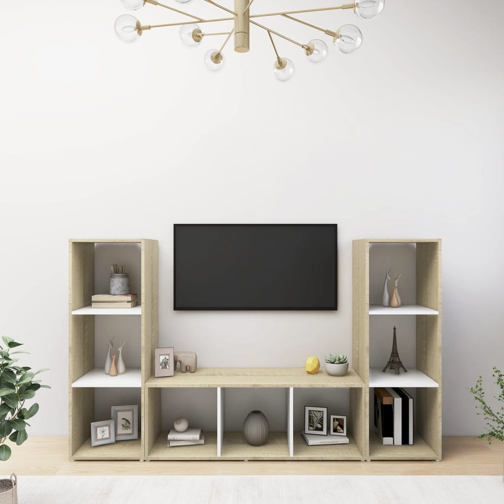 Mobili TV 3 pz Bianchi e Rovere Sonoma 107x35x37 cm Truciolato - homemem39