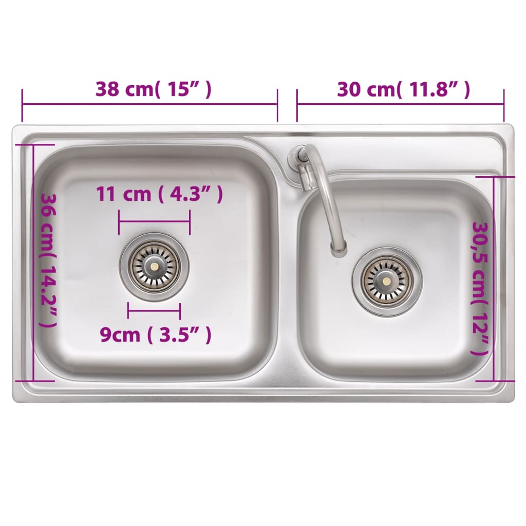 Lavello da Campeggio Vasca Doppia con Rubinetto in Acciaio Inox - homemem39