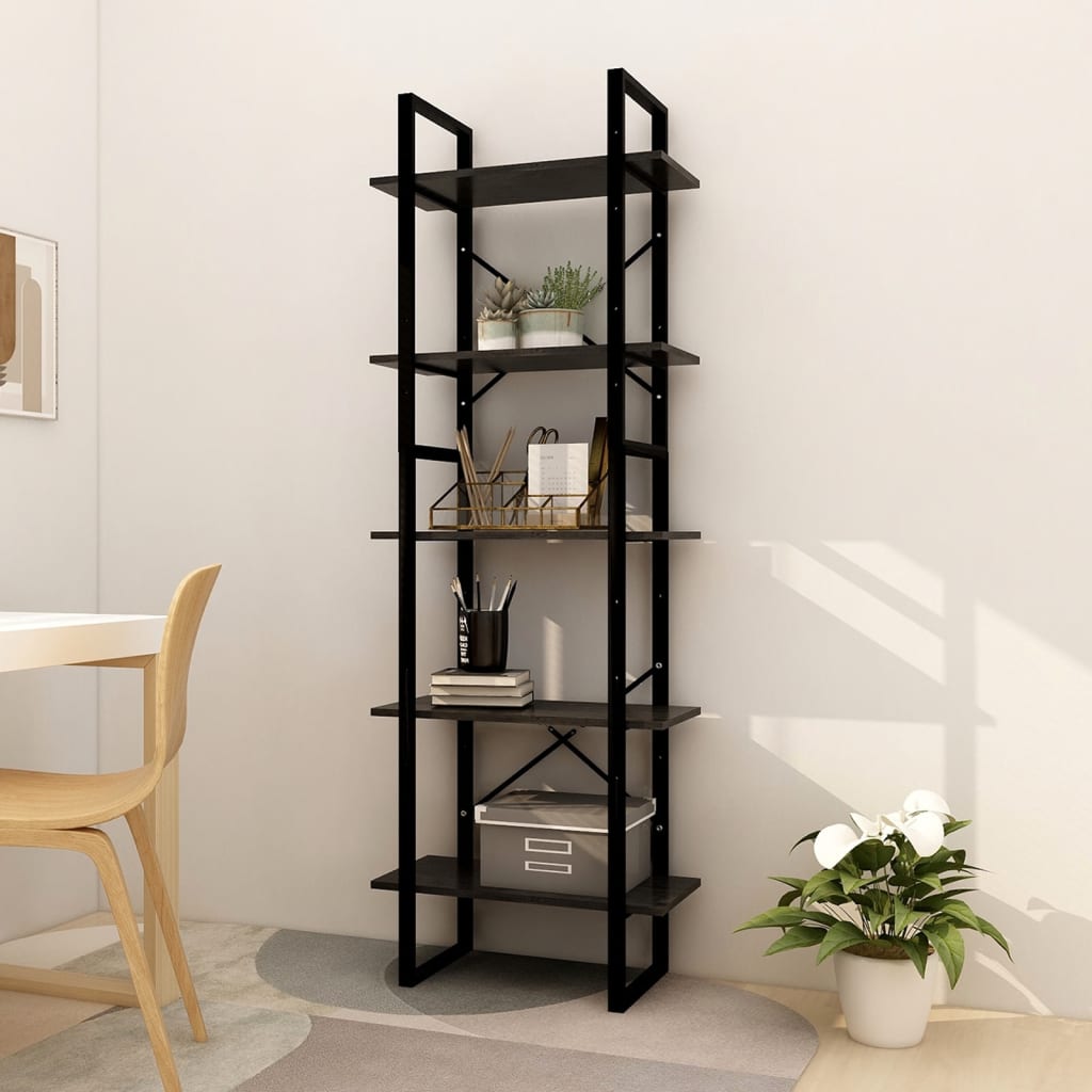 Libreria a 5 Ripiani Nera 60x30x175 cm in Legno di Pino - homemem39