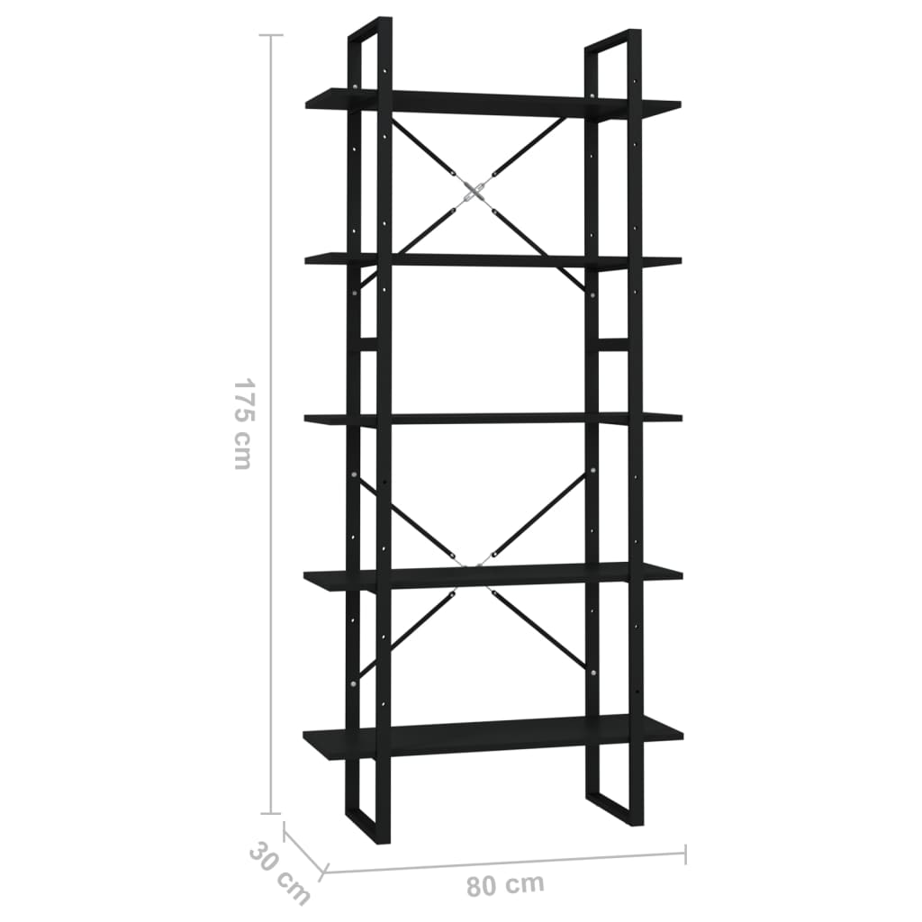 Libreria a 5 Ripiani Nera 80x30x175 cm in Truciolato - homemem39