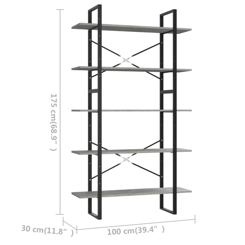 Libreria a 5 Ripiani Grigio Cemento 100x30x175 cm in Truciolato - homemem39