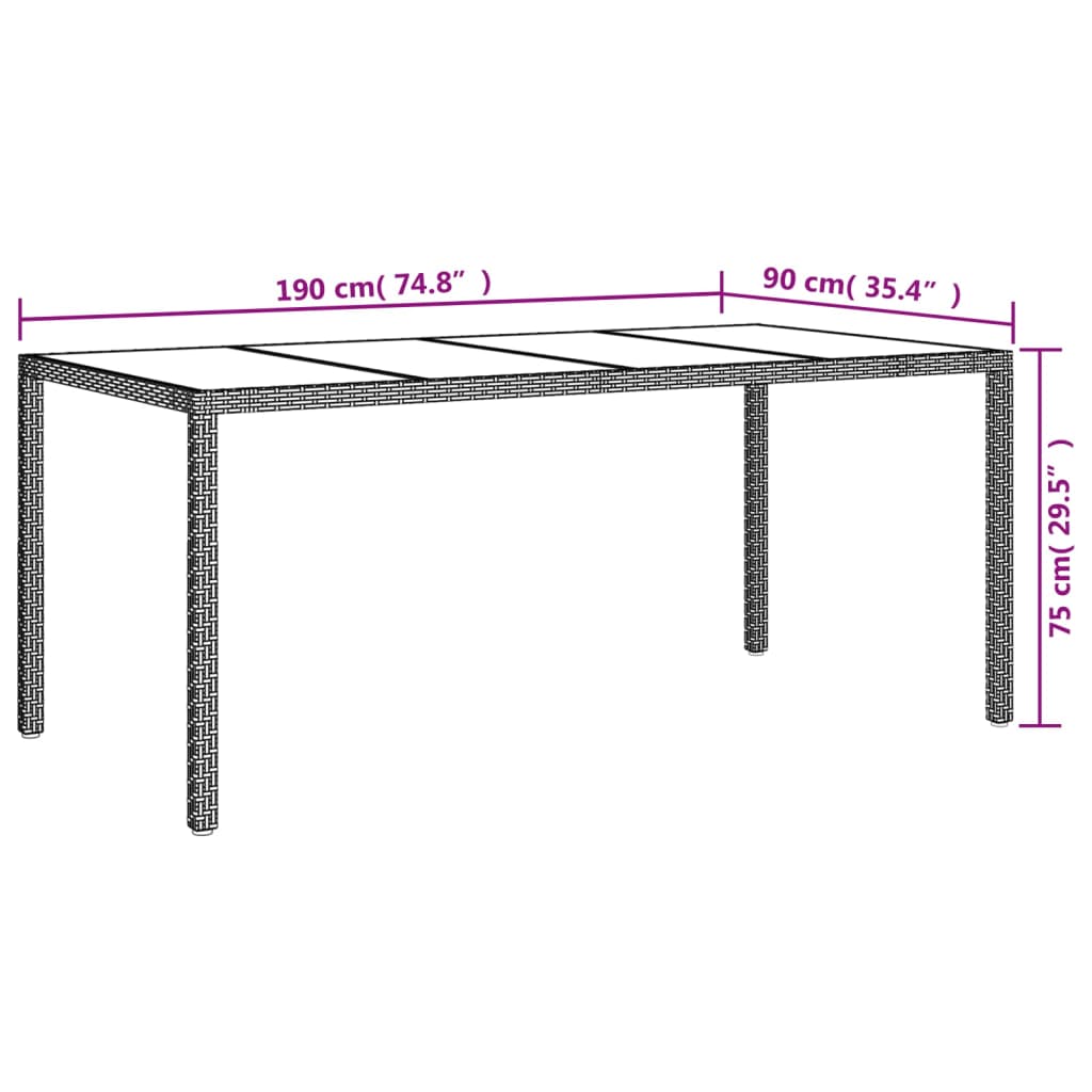 Tavolo Giardino Nero 190x90x75 cm Vetro Temperato Polyrattan - homemem39