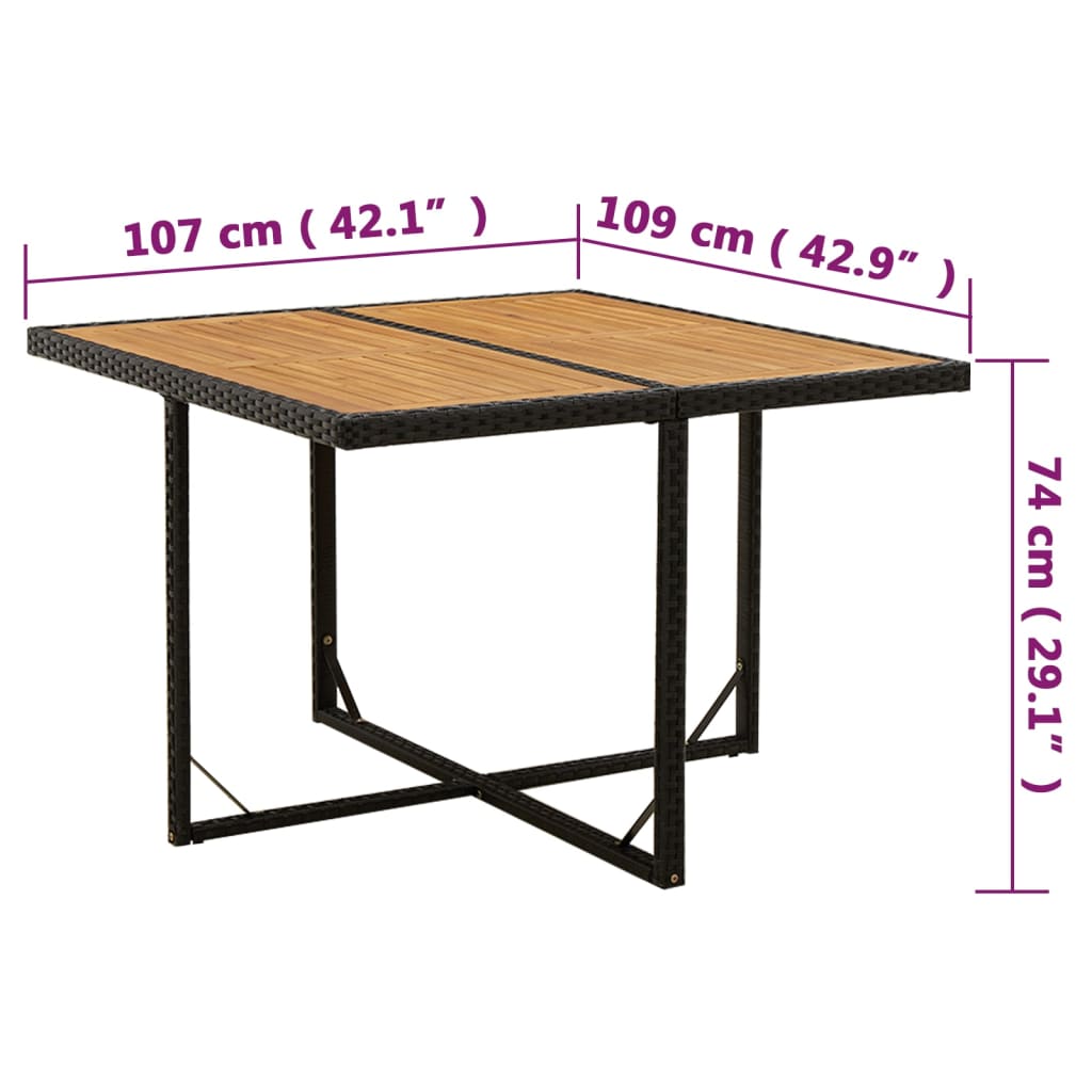 Tavolo Giardino Nero 109x107x74 cm Polyrattan e Massello Acacia - homemem39