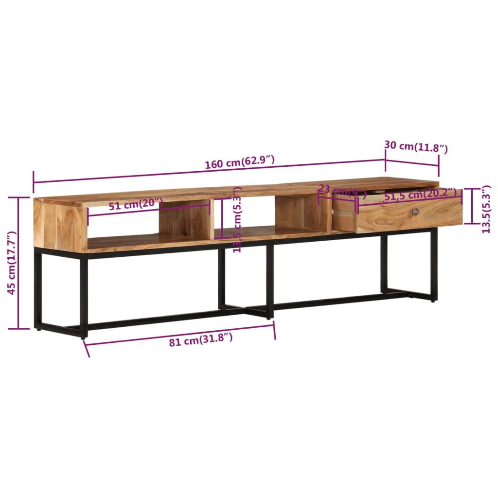 Mobile Porta TV 160x30x45 cm in Legno Massello di Acacia - homemem39