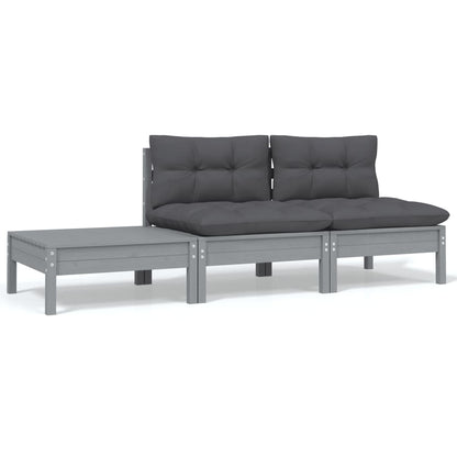 Set Divani da Giardino 3 pz Grigio Cuscini Massello di Pino - homemem39