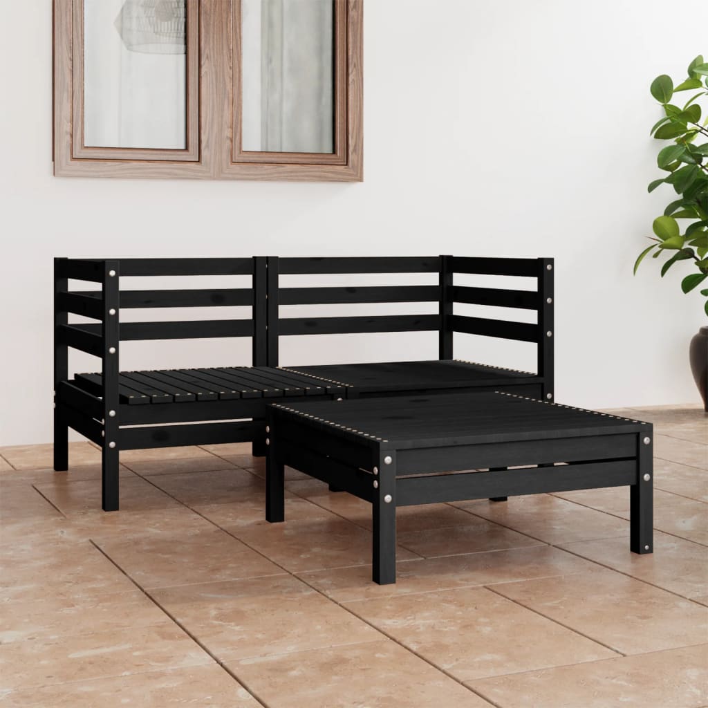 Set Divani da Giardino 3 pz Nero in Legno Massello di Pino - homemem39