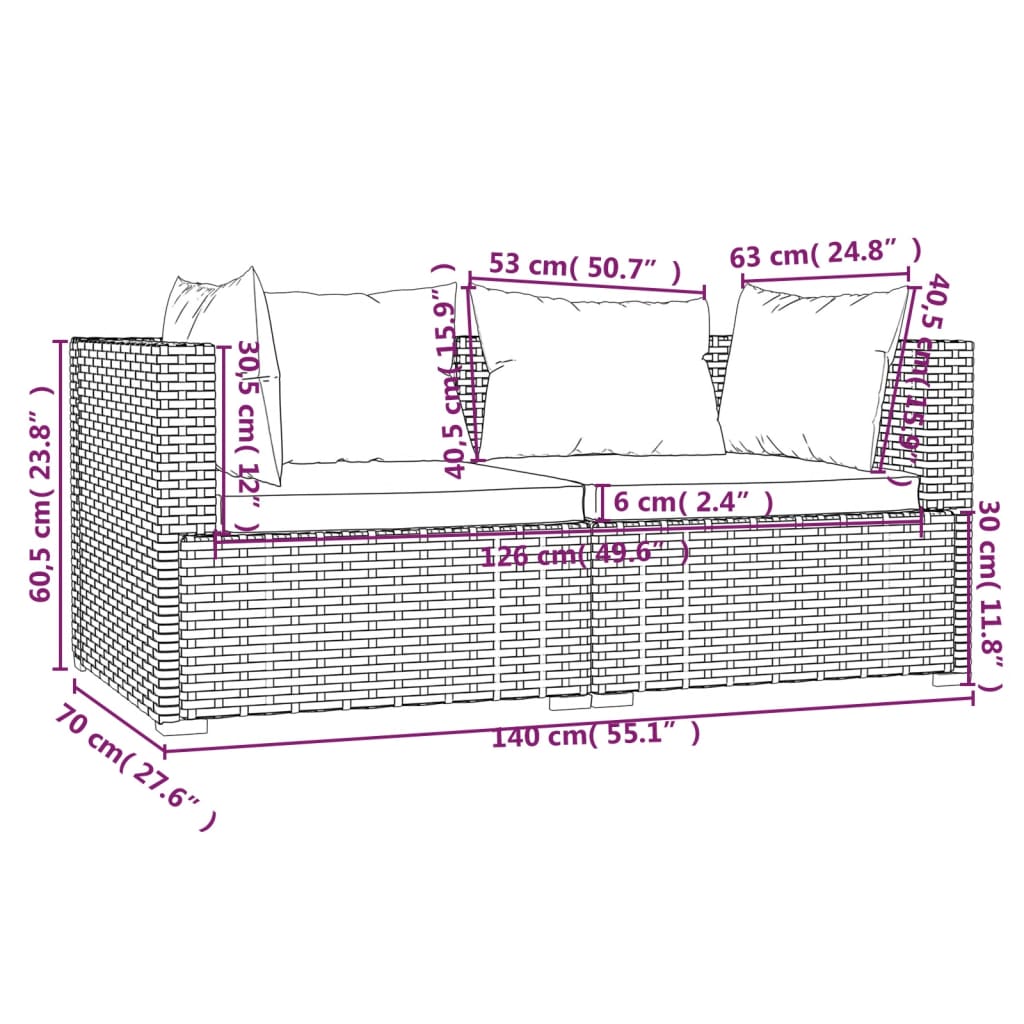 Set Divani da Giardino 3 pz con Cuscini Nero in Polyrattan - homemem39