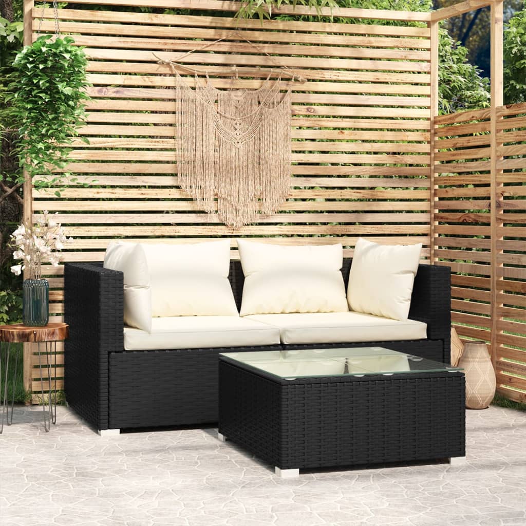 Set Divani da Giardino 3 pz con Cuscini Nero in Polyrattan - homemem39