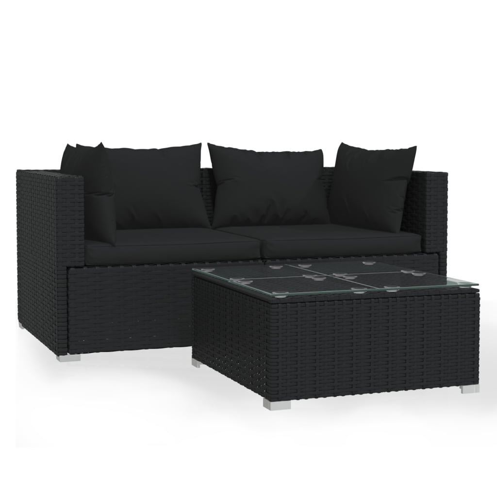 Set Divani da Giardino 3 pz con Cuscini in Polyrattan Nero - homemem39