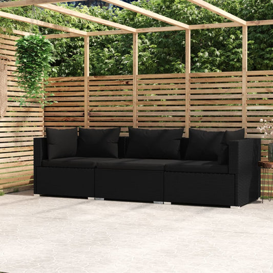 Divano a 3 Posti con Cuscini in Polyrattan Nero - homemem39