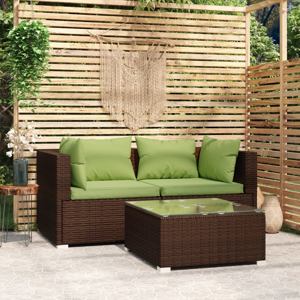 Set Mobili da Giardino 3 pz con Cuscini in Polyrattan Marrone - homemem39