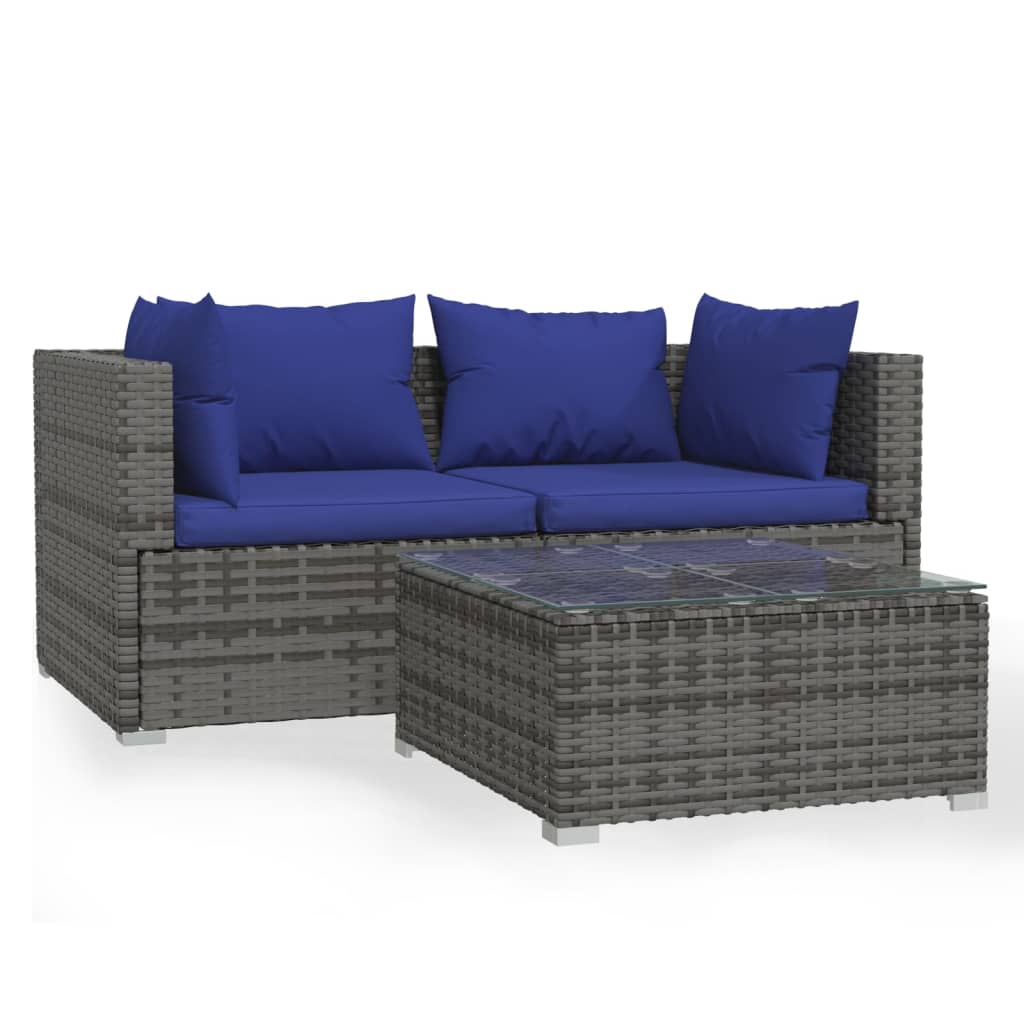 Set Divani da Giardino 3 pz con Cuscini in Polyrattan Grigio - homemem39