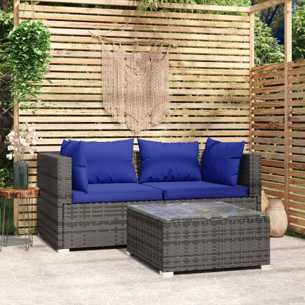 Set Divani da Giardino 3 pz con Cuscini in Polyrattan Grigio - homemem39