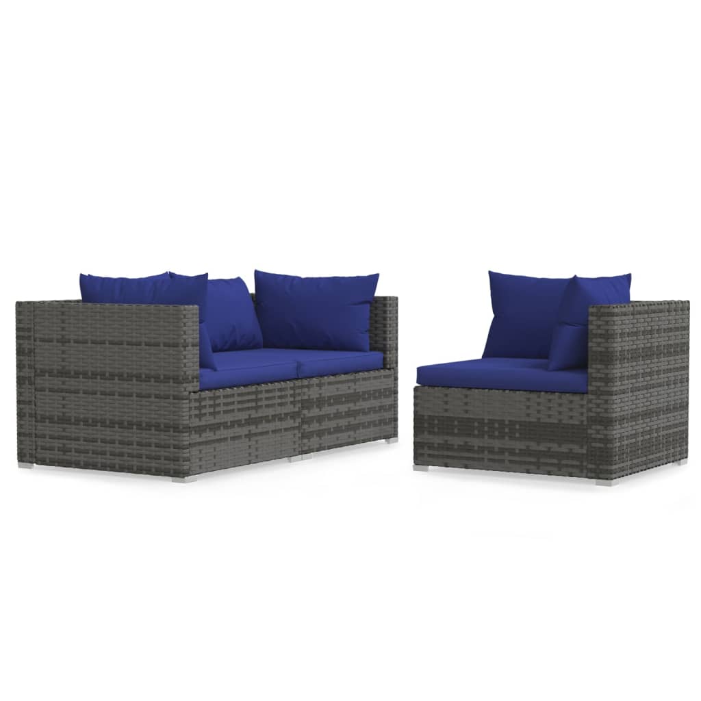 Set Divani da Giardino 3 pz con Cuscini in Polyrattan Grigio - homemem39