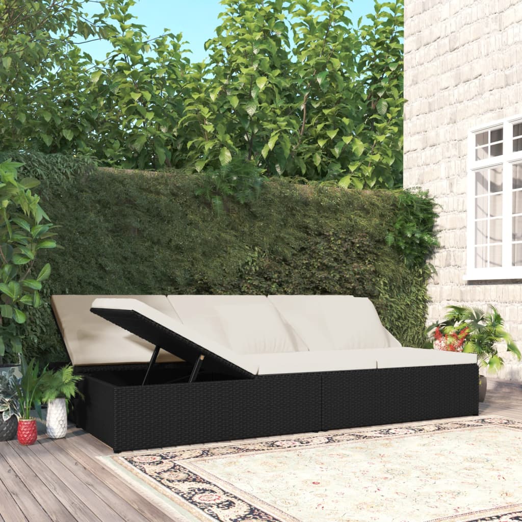 Lettino Prendisole Reclinabile con Cuscini in Polyrattan Nero - homemem39