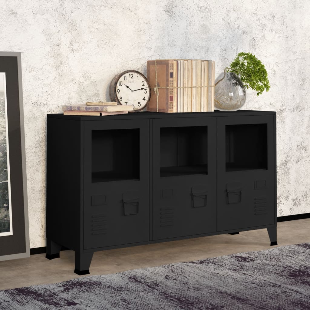 Credenza Nera Industriale 105x35x62 cm in Metallo e Vetro - homemem39