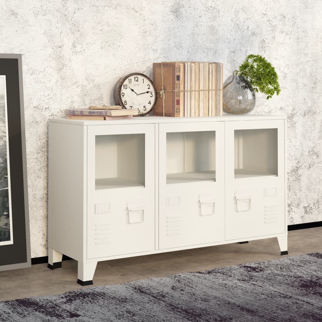 Credenza Bianca Industriale 105x35x62 cm in Metallo e Vetro - homemem39