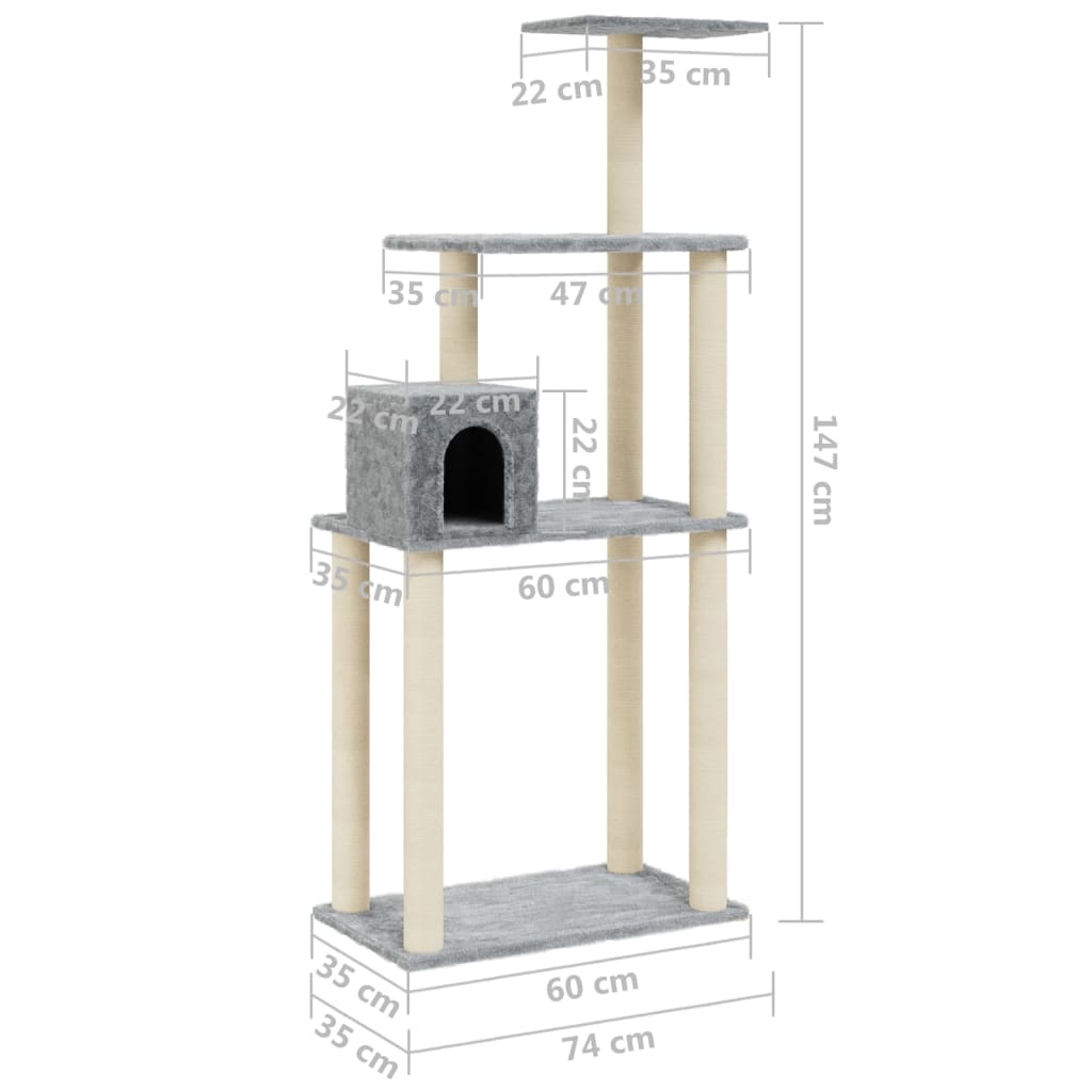 Albero per Gatti con Tiragraffi in Sisal Grigio Chiaro 147 cm - homemem39