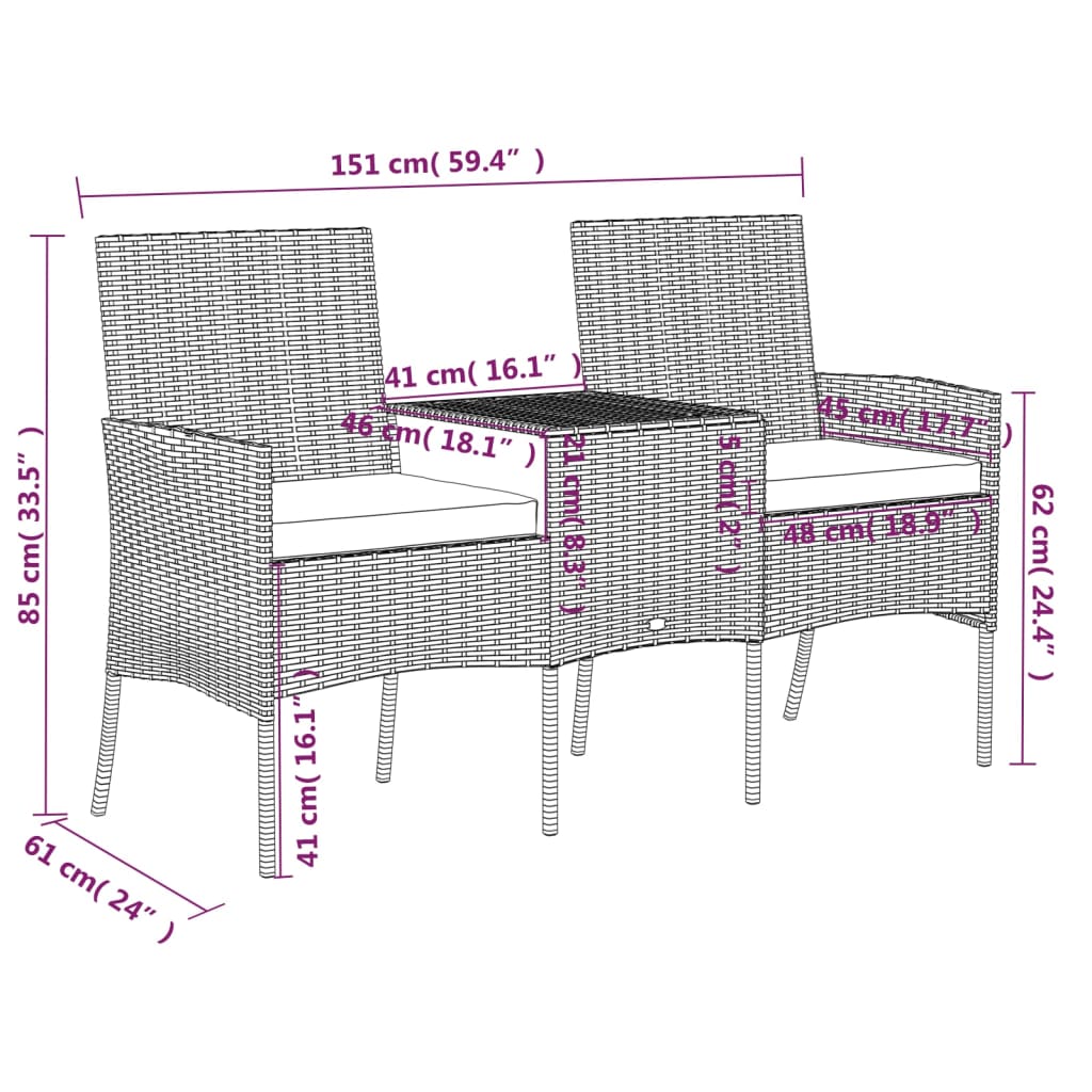 Divano da Giardino a 2 Posti con Tavolino in Polyrattan Marrone - homemem39