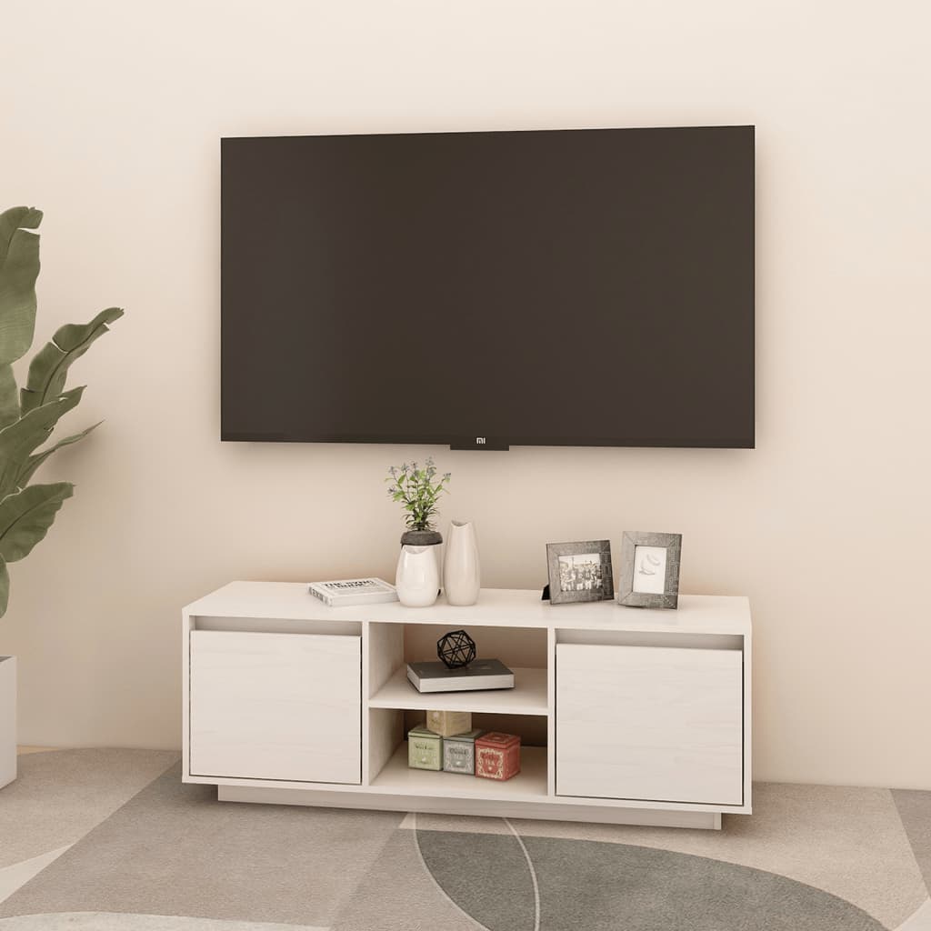 Mobile Porta TV Bianco 110x30x40 cm in Legno Massello di Pino - homemem39