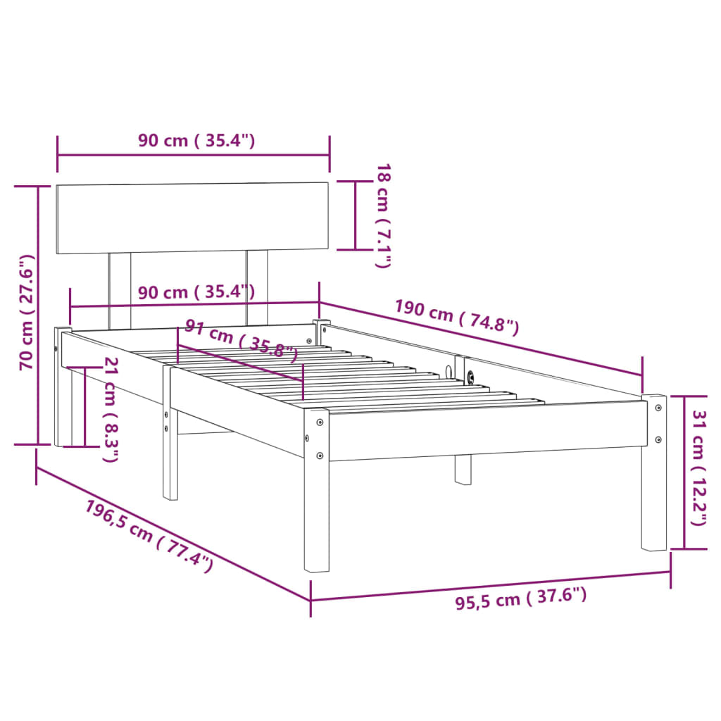 Giroletto Nero in Legno Massello di Pino 90x190 cm UK Single - homemem39