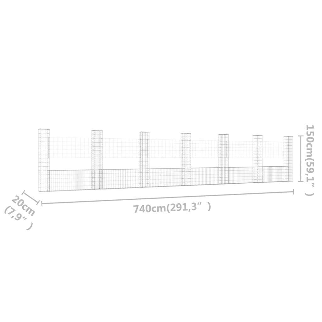 Gabbione a U con 7 Pali in Ferro 740x20x150 cm - homemem39