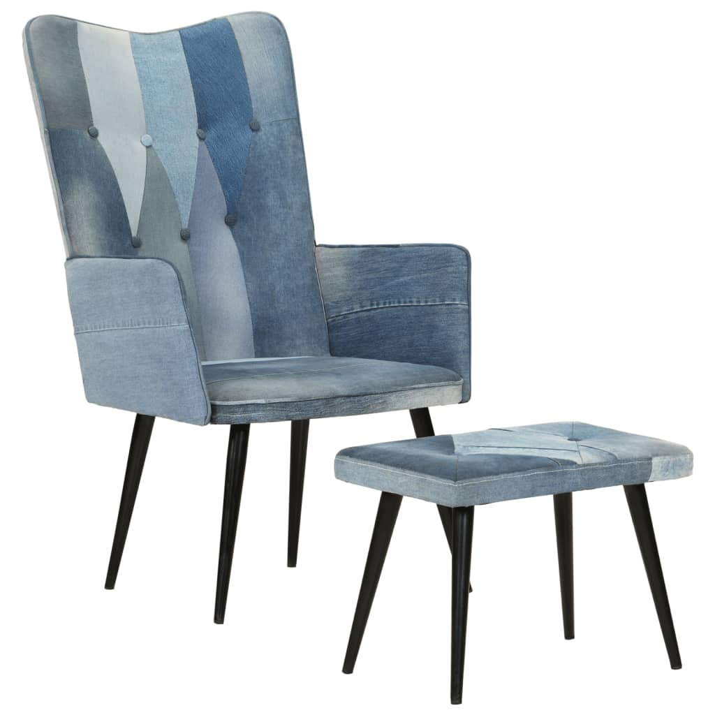 Poltrona con Poggiapiedi Blu Denim Patchwork in Tela - homemem39