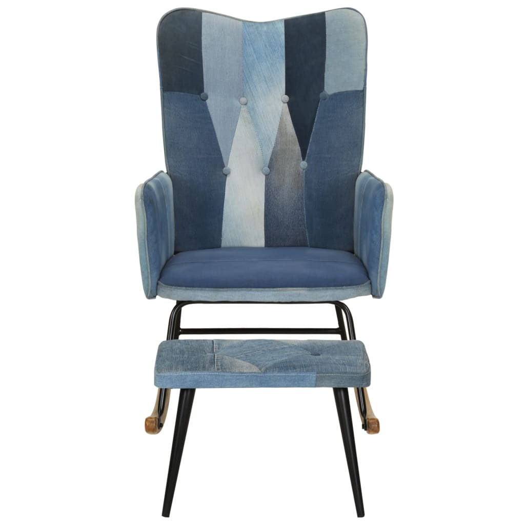 Sedia a Dondolo con Poggiapiedi Blu Denim Patchwork in Tela - homemem39