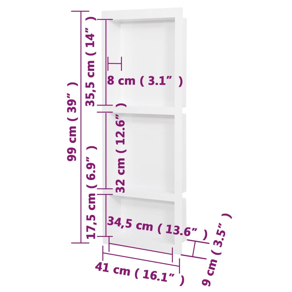 Nicchia da Doccia con 3 Scomparti Bianco Opaco 41x99x9 cm - homemem39