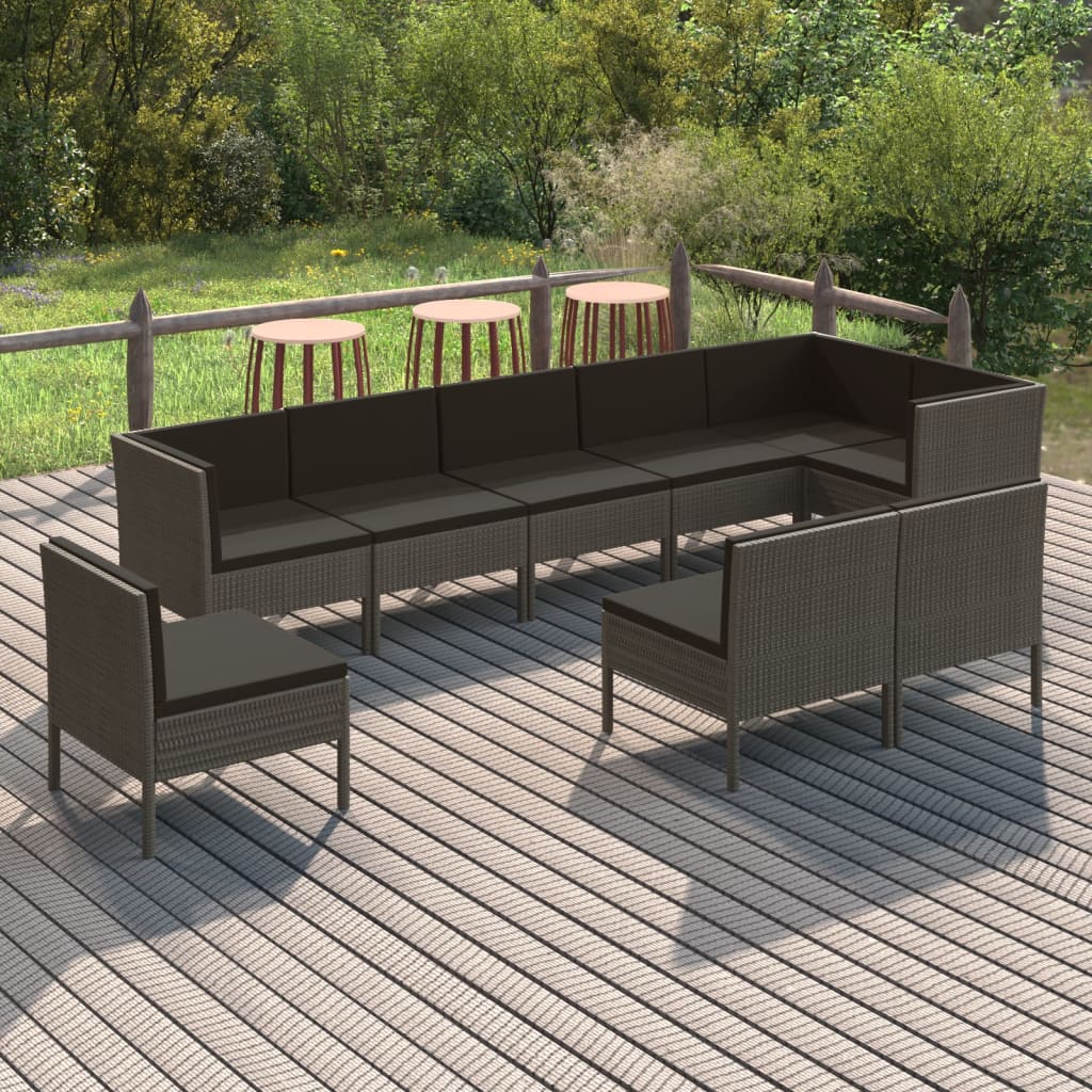 Set Divani da Giardino 9 pz con Cuscini in Polyrattan Grigio - homemem39