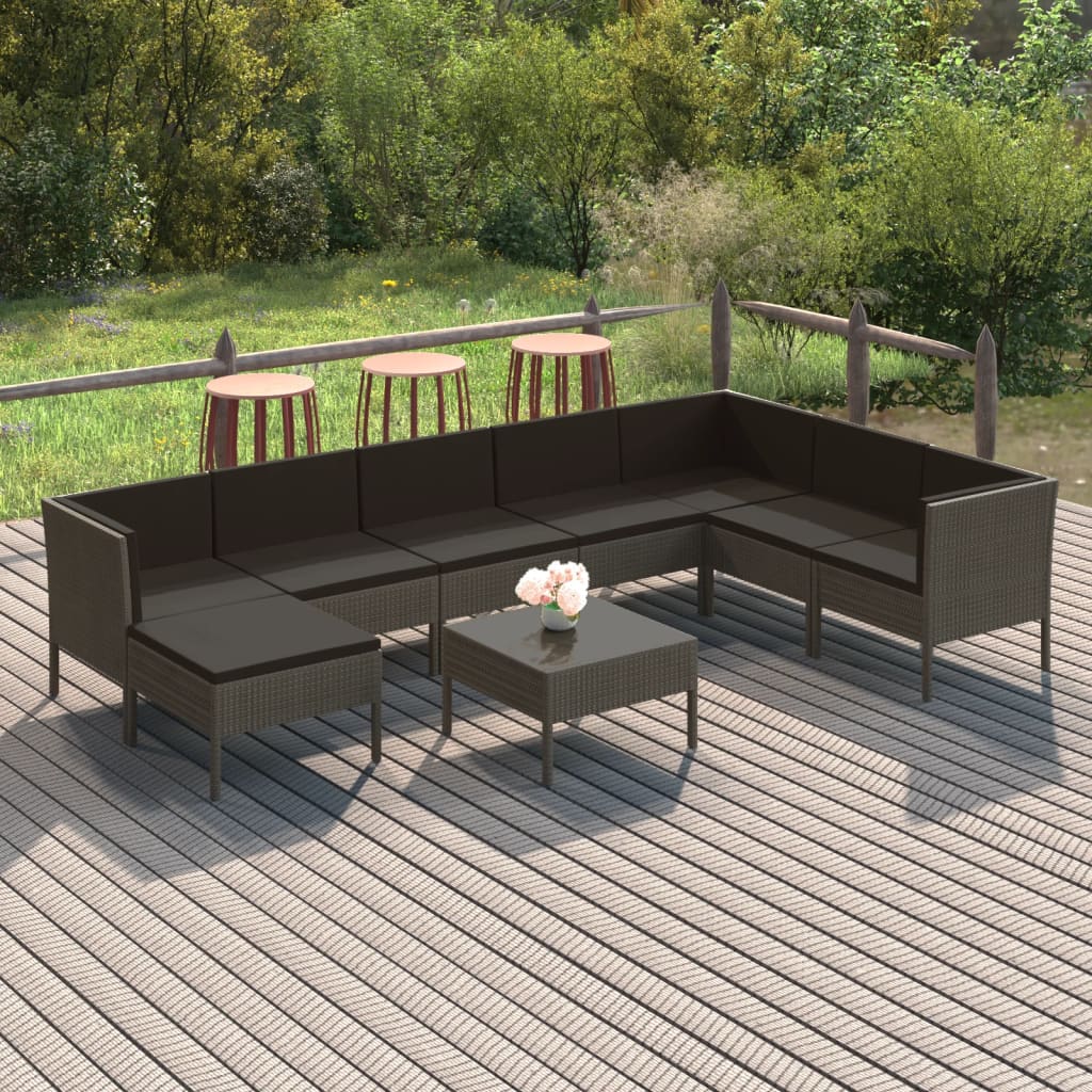 Set Divani da Giardino 9 pz con Cuscini in Polyrattan Grigio - homemem39