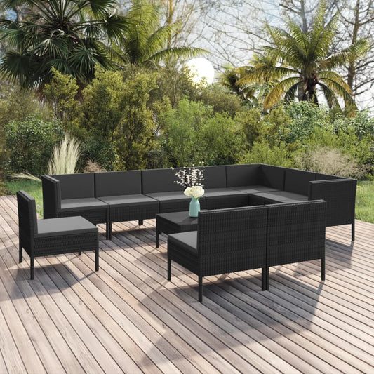 Set Divani da Giardino 11 pz con Cuscini in Polyrattan Nero - homemem39