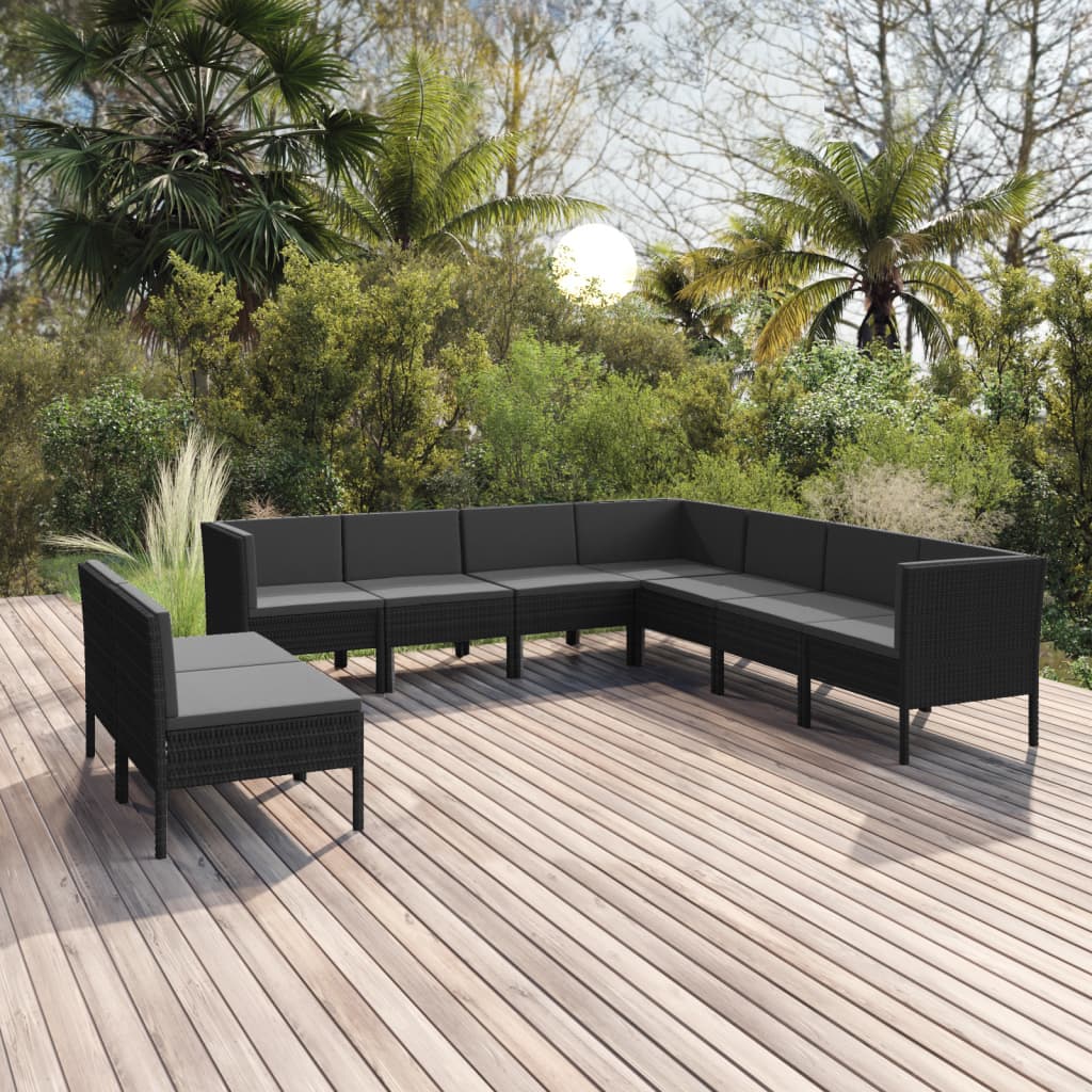 Set Divani da Giardino 9 pz con Cuscini in Polyrattan Nero - homemem39