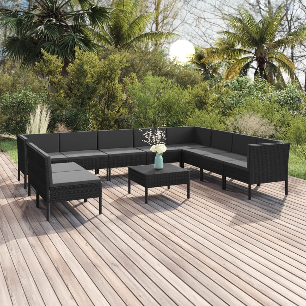 Set Divani da Giardino 11 pz con Cuscini in Polyrattan Nero - homemem39