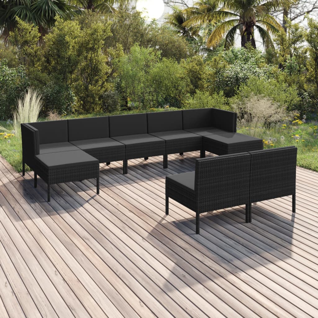 Set Divani da Giardino 9 pz con Cuscini in Polyrattan Nero - homemem39