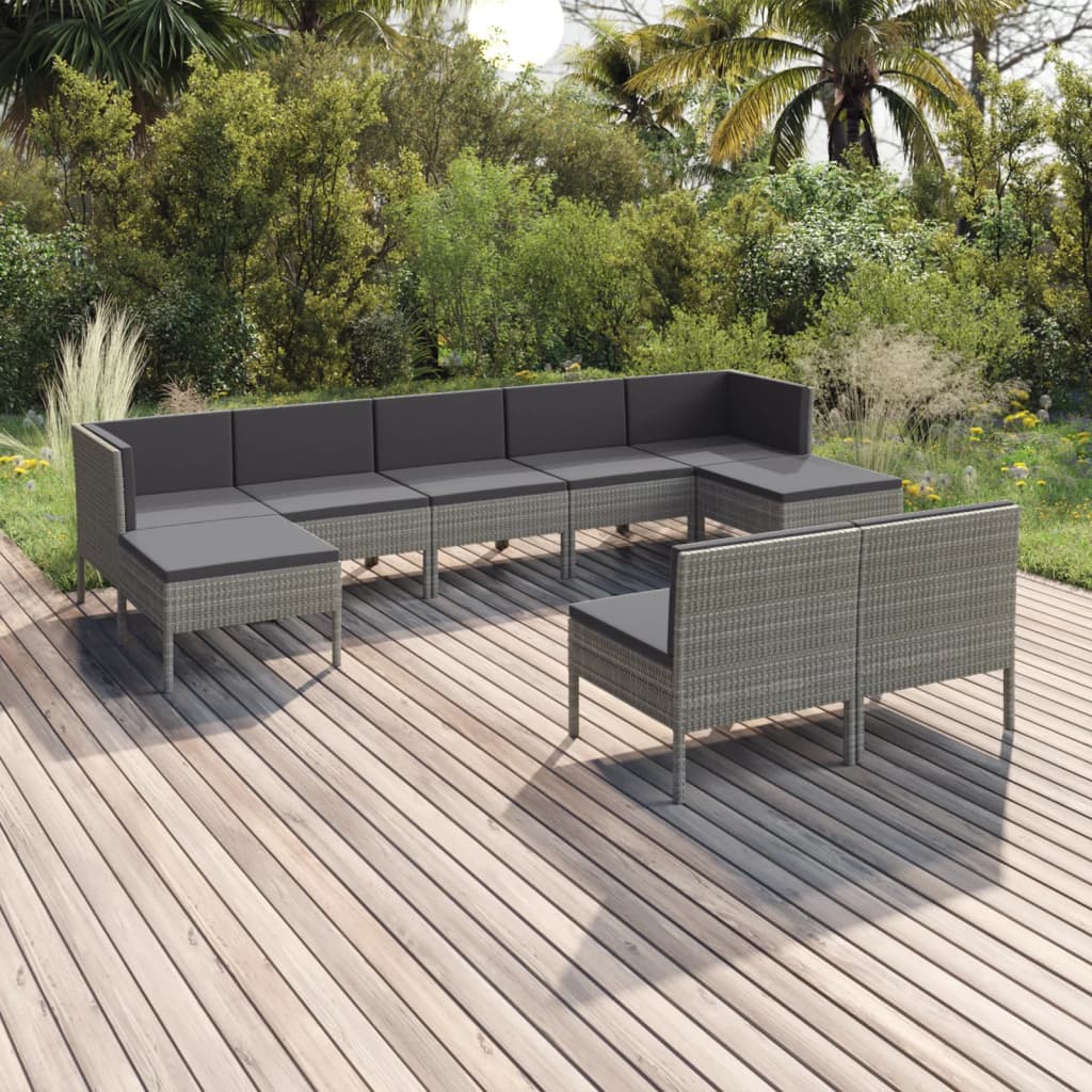 Set Divani da Giardino 9 pz con Cuscini in Polyrattan Grigio - homemem39