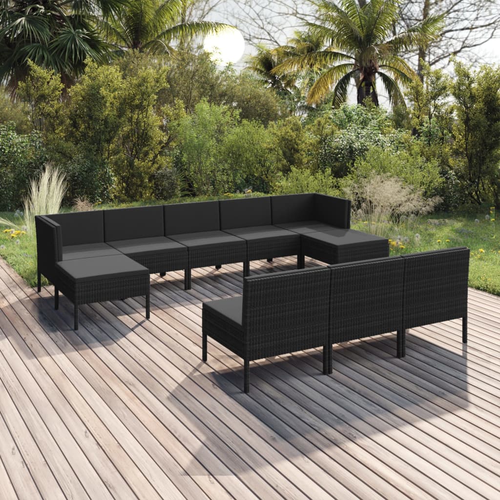 Set Divani da Giardino 10 pz con Cuscini in Polyrattan Nero - homemem39