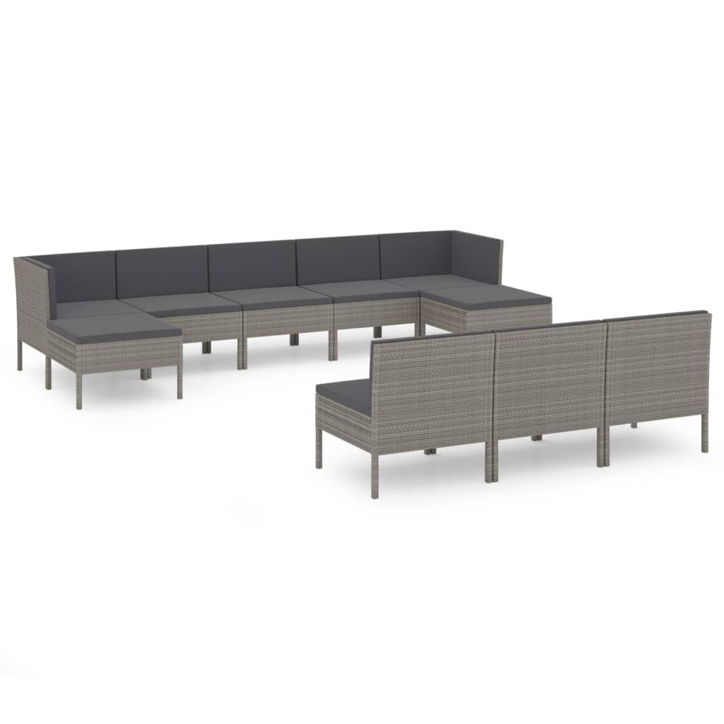 Set Divani da Giardino 10 pz con Cuscini in Polyrattan Grigio - homemem39