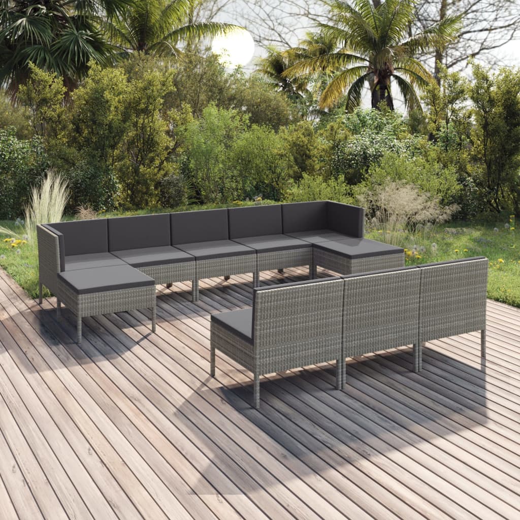 Set Divani da Giardino 10 pz con Cuscini in Polyrattan Grigio - homemem39