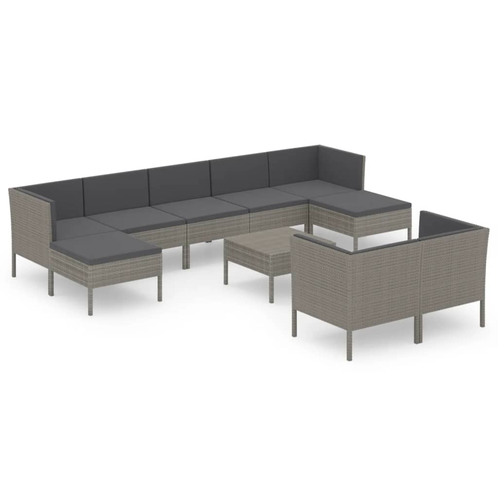 Set Divani da Giardino 10 pz con Cuscini in Polyrattan Grigio - homemem39