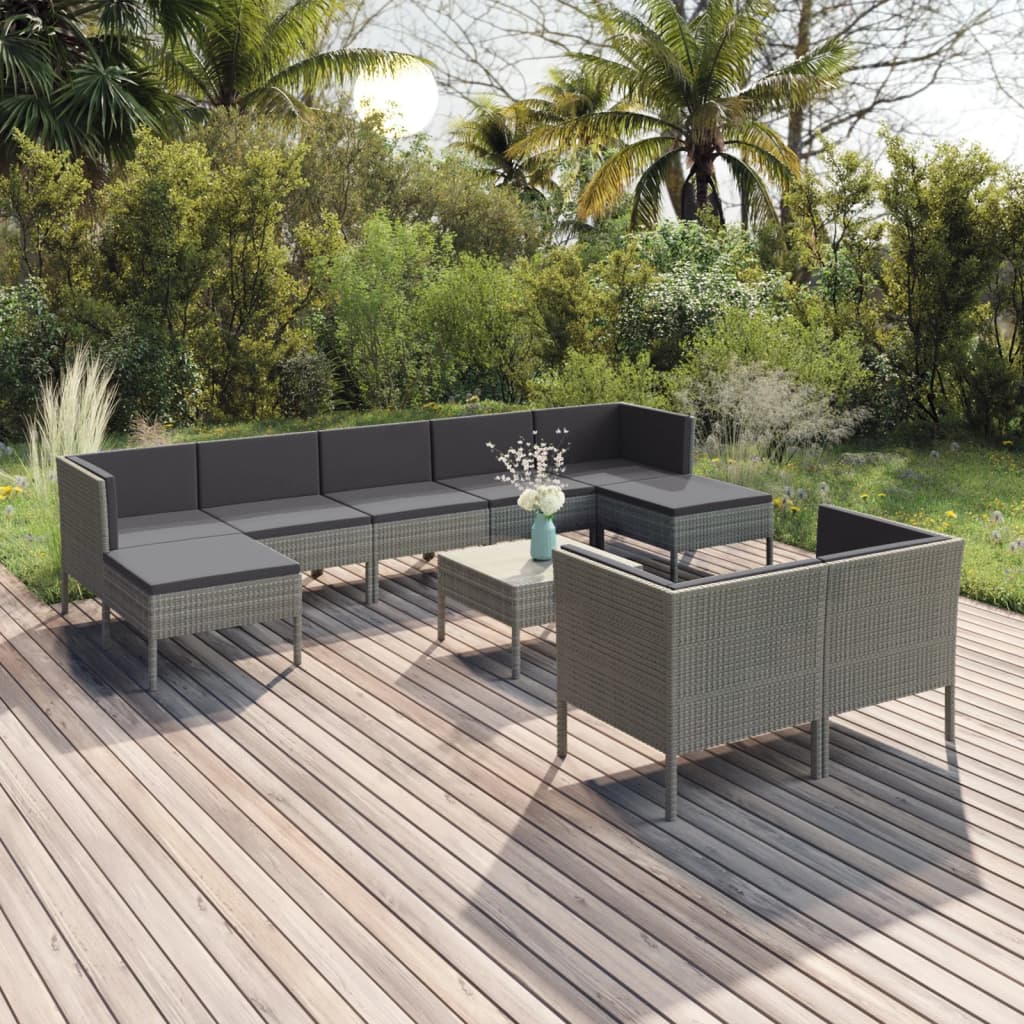 Set Divani da Giardino 10 pz con Cuscini in Polyrattan Grigio - homemem39