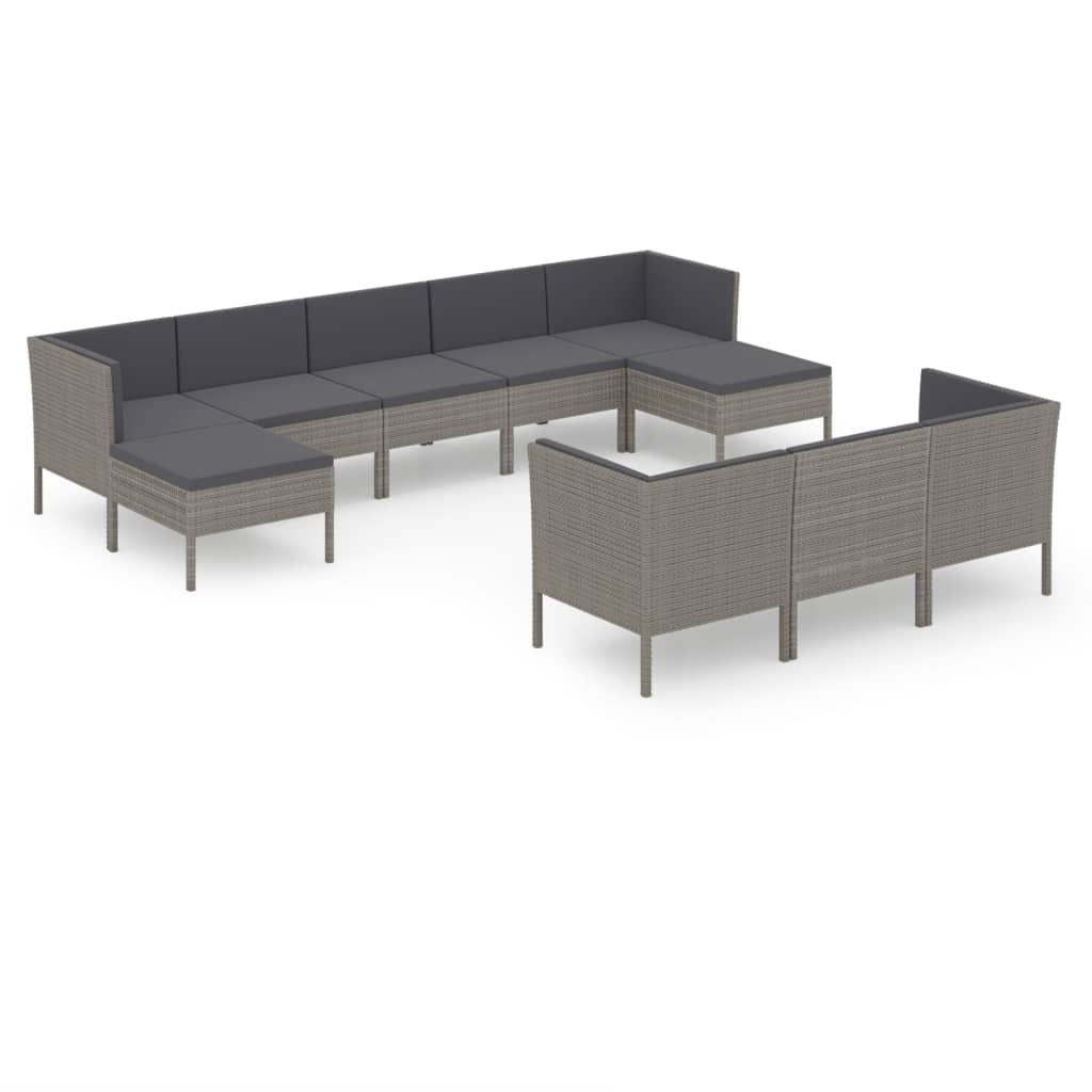 Set Divani da Giardino 10 pz con Cuscini in Polyrattan Grigio - homemem39