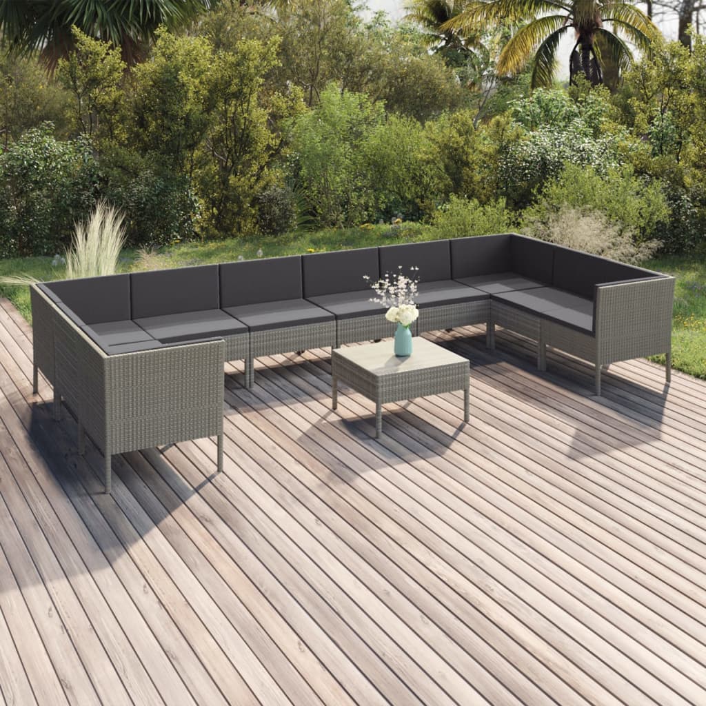 Set Divani da Giardino 11 pz con Cuscini in Polyrattan Grigio - homemem39