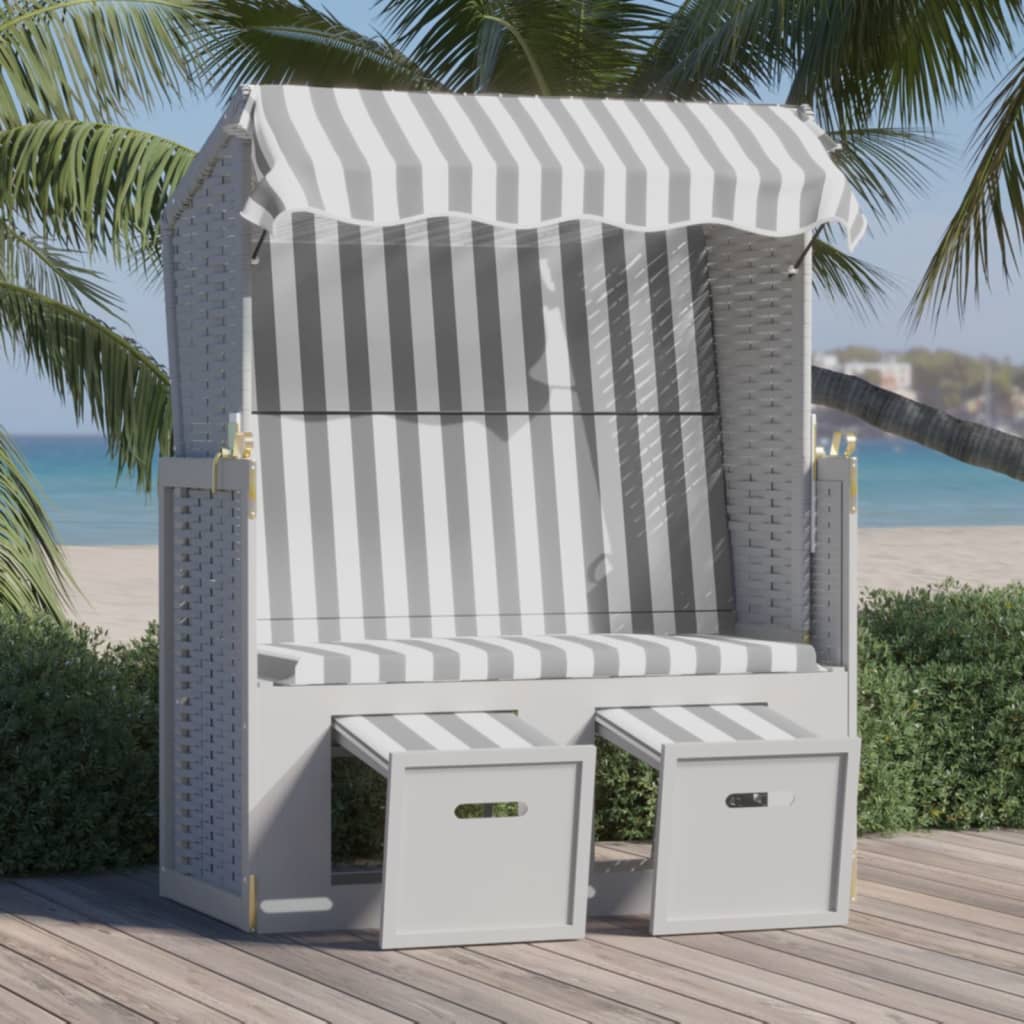 Strandkorb con Tettoia Polyrattan Legno Massello Grigio Bianco - homemem39