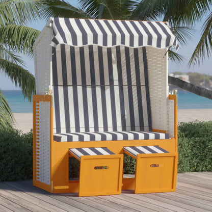 Strandkorb con Tettoia Polyrattan e Legno Massello Bianco e Blu - homemem39