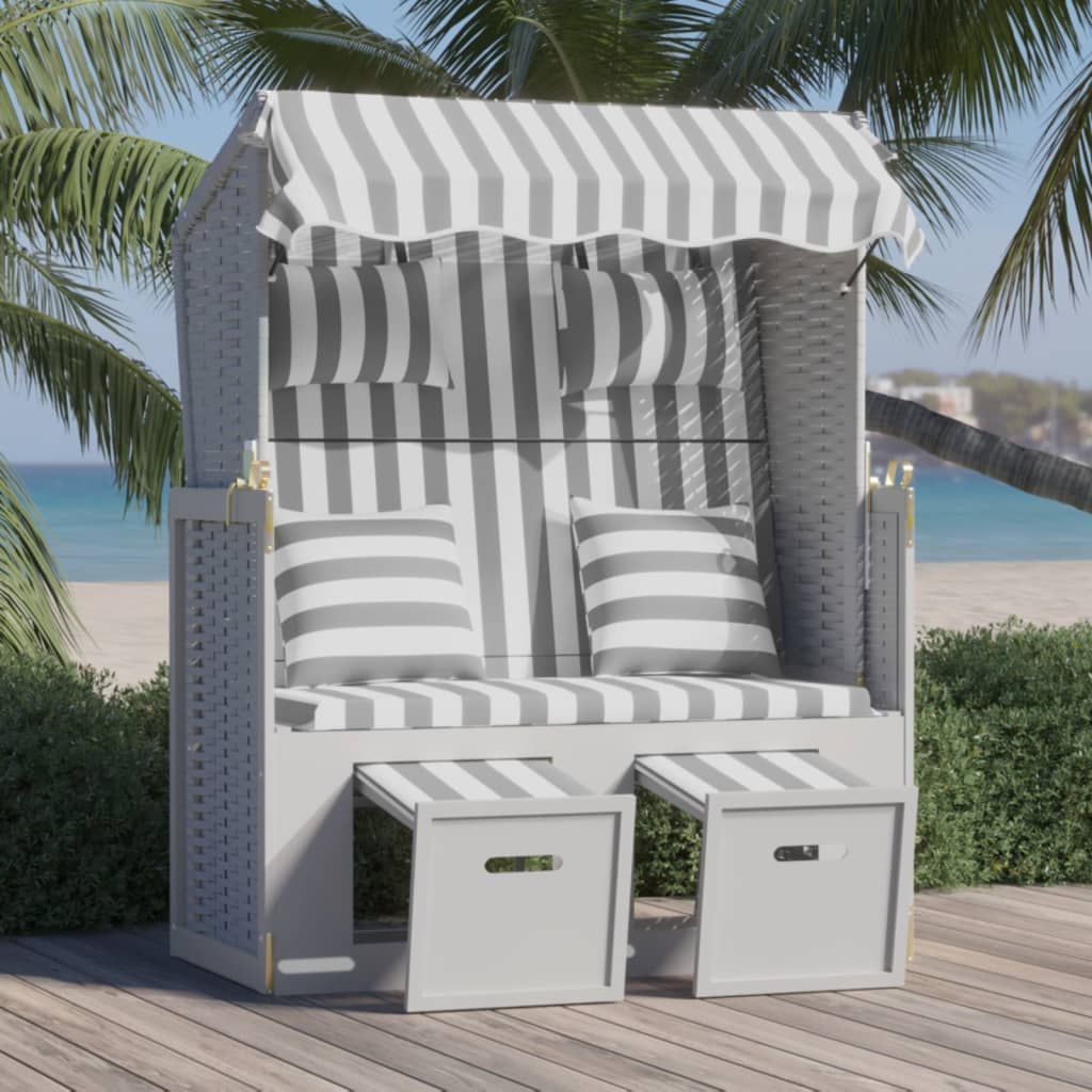 Strandkorb Cuscini Polyrattan e Legno Massello Grigio e Bianco - homemem39